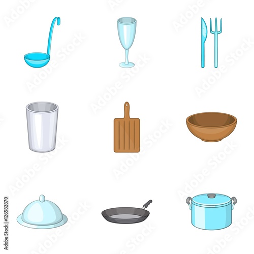 Dishes icons set. Cartoon illustration of 9 dishes vector icons for web