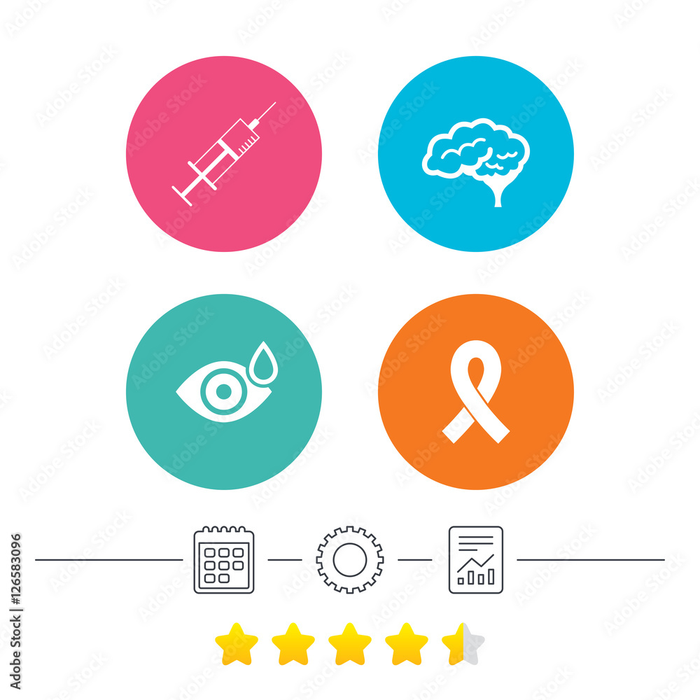 Medicine icons. Syringe, eye with drop, brain and ribbon signs. Breast cancer awareness symbol. Human smart mind. Calendar, cogwheel and report linear icons. Star vote ranking. Vector