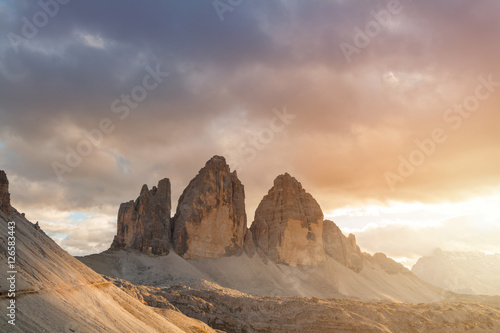 Tre Cime di Lavaredo in beautiful surroundings in the Dolomites in Italy, Europe (Drei Zinnen) photo