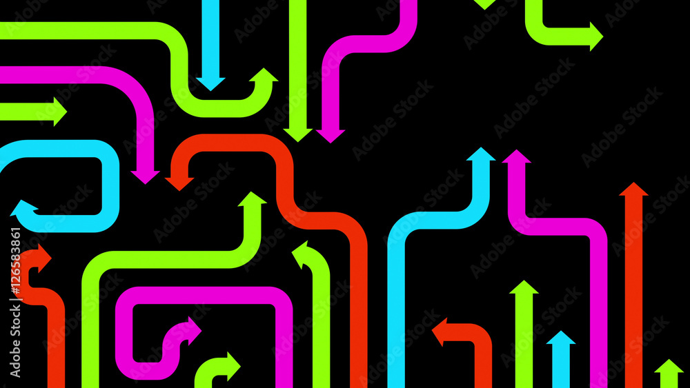 Maze of varicolored arrows on black background, 2d illustration Maze of varicolored arrows on black background, 2d illustration