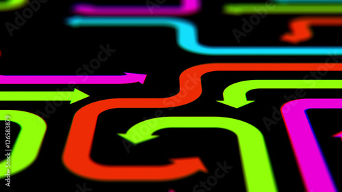 Varicolored arrows on black surface, 3d illustration