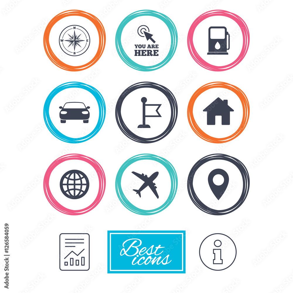 Navigation, gps icons. Windrose, compass and map pointer signs. Car