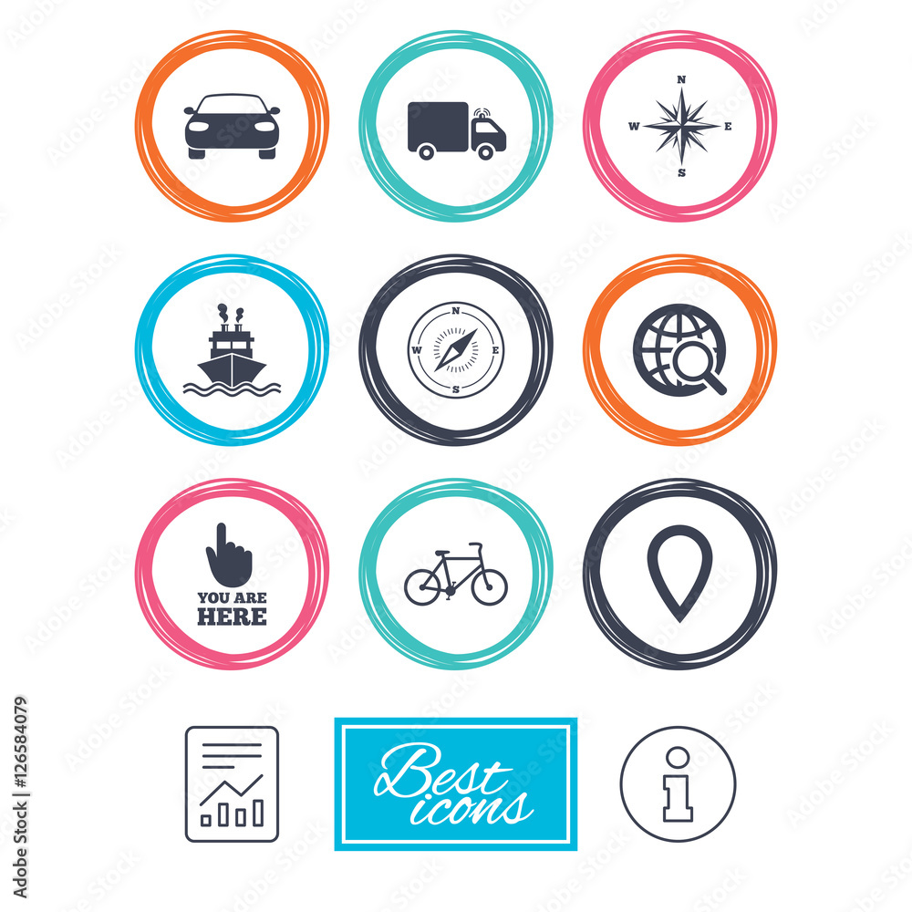 Navigation, gps icons. Windrose, compass and map pointer signs. Bicycle, ship and car symbols. Report document, information icons. Vector Navigation, gps icons. Windrose, compass and map pointer signs. Bicycle, ship and car symbols. Report document, information icons. Vector