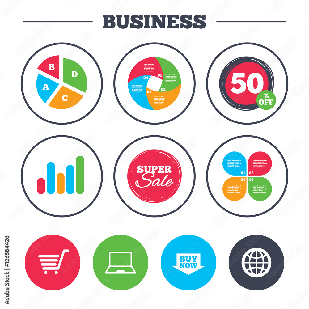 Business pie chart. Growth graph. Online shopping icons. Notebook pc, shopping cart, buy now arrow and internet signs. WWW globe symbol. Super sale and discount buttons. Vector Business pie chart. Growth graph. Online shopping icons. Notebook pc, shopping cart, buy now arrow and internet signs. WWW globe symbol. Super sale and discount buttons. Vector