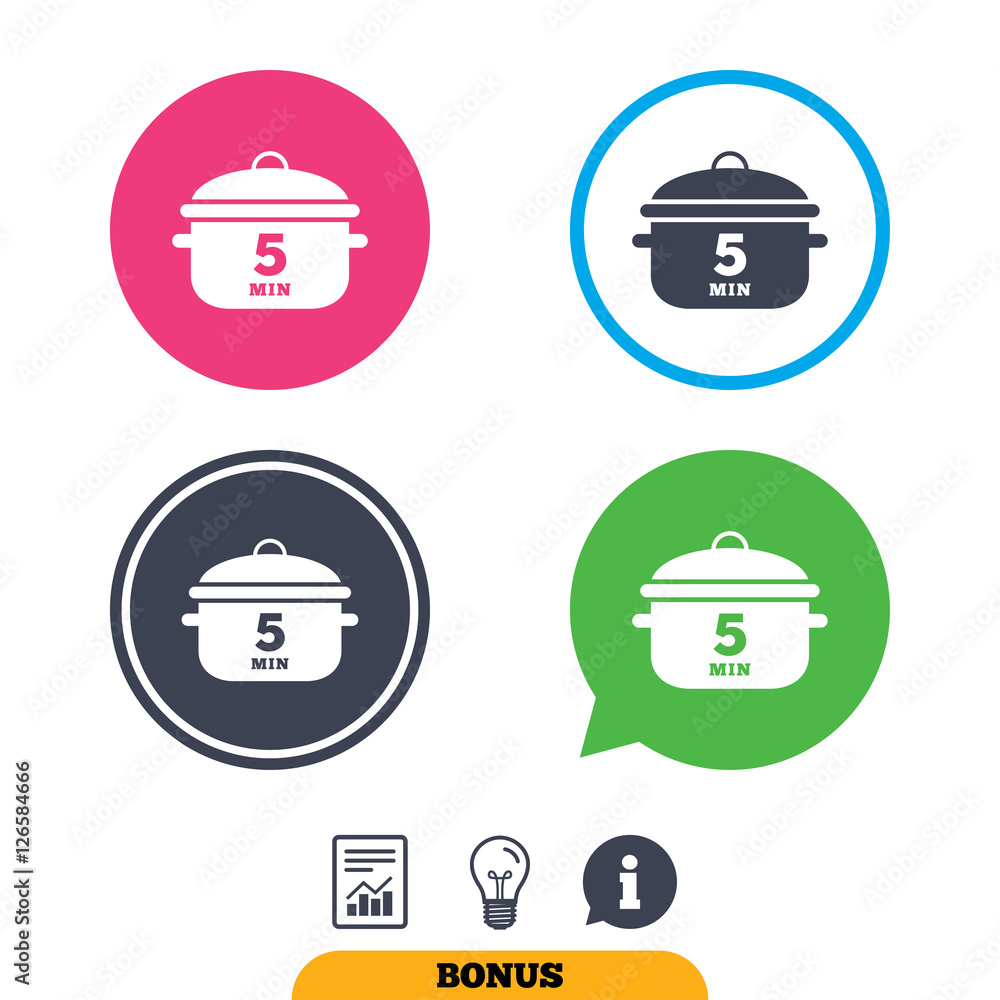 Boil 5 minutes. Cooking pan sign icon. Stew food symbol. Report document, information sign and light bulb icons. Vector Boil 5 minutes. Cooking pan sign icon. Stew food symbol. Report document, information sign and light bulb icons. Vector