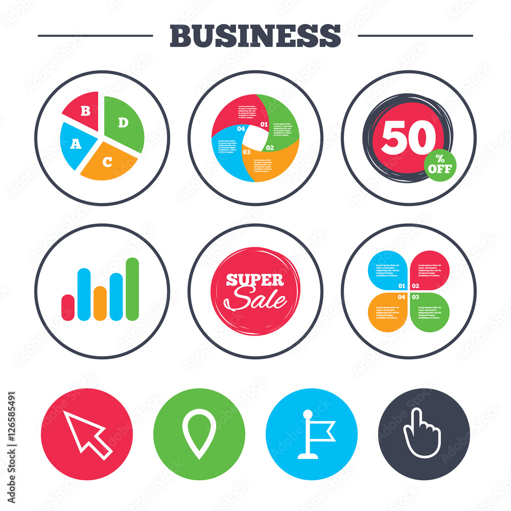 Business pie chart. Growth graph. Mouse cursor icon. Hand or Flag pointer symbols. Map location marker sign. Super sale and discount buttons. Vector Business pie chart. Growth graph. Mouse cursor icon. Hand or Flag pointer symbols. Map location marker sign. Super sale and discount buttons. Vector