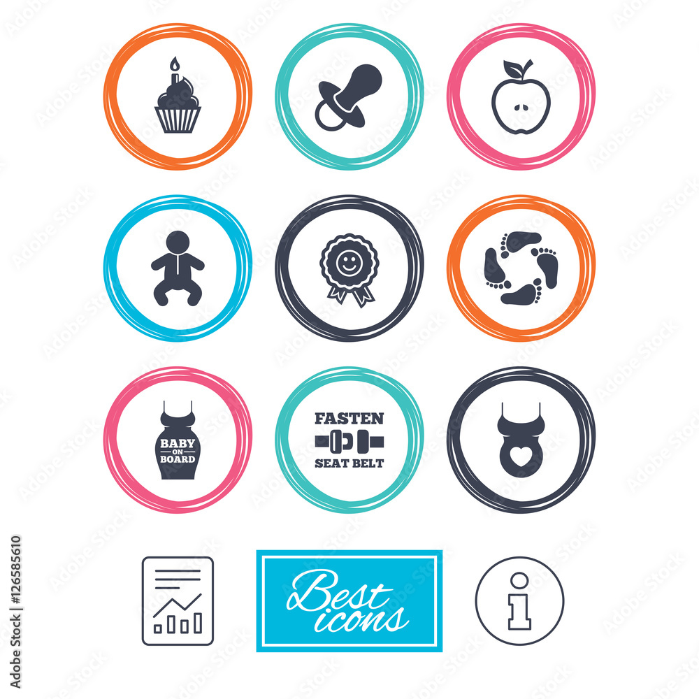 Pregnancy, maternity and baby care icons. Apple, award and pacifier signs. Footprint, birthday cake and newborn symbols. Report document, information icons. Vector Pregnancy, maternity and baby care icons. Apple, award and pacifier signs. Footprint, birthday cake and newborn symbols. Report document, information icons. Vector