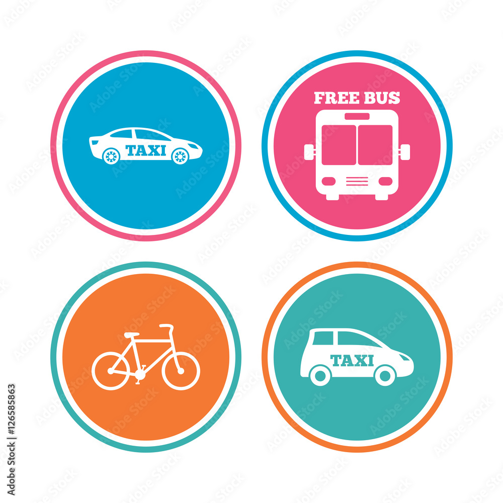 Public transport icons. Free bus, bicycle and taxi signs. Car transport symbol. Colored circle buttons. Vector Public transport icons. Free bus, bicycle and taxi signs. Car transport symbol. Colored circle buttons. Vector