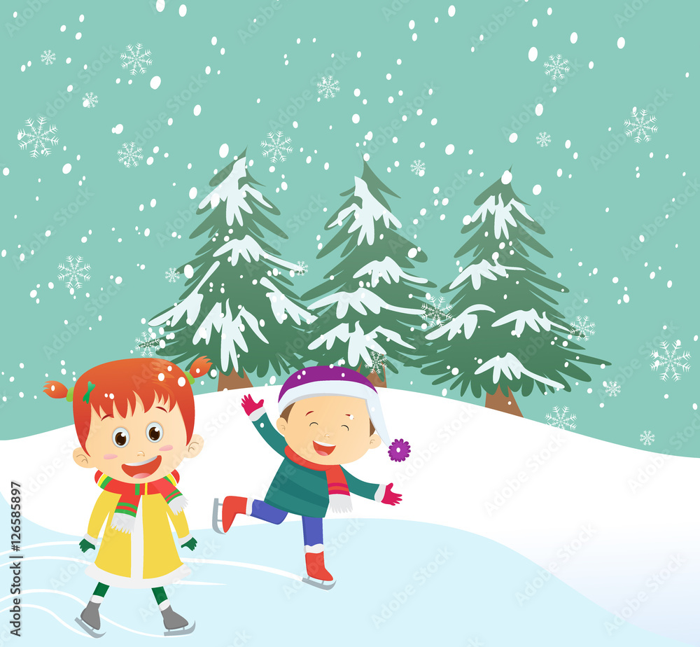 illustration of happy kids ice-skating outdoors illustration of happy kids ice-skating outdoors