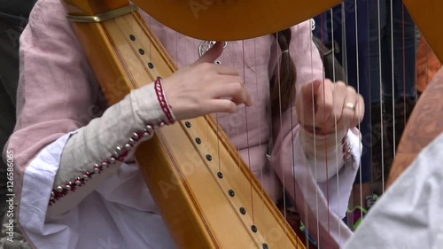 Irish harp player. Musician harpist playing harp music instrument.