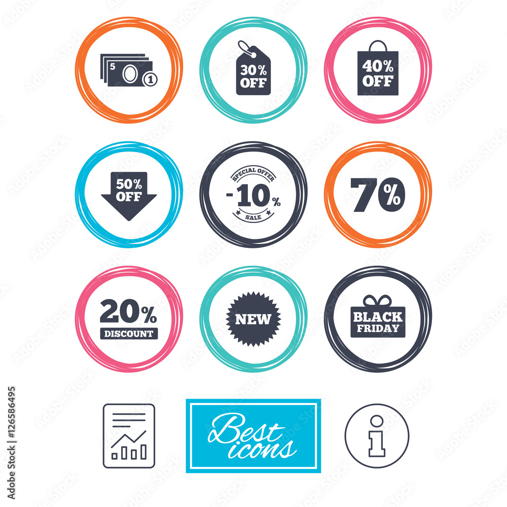 Sale discounts icon. Shopping, black friday and cash money signs. 10, 20, 50 and 70 percent off. Special offer symbols. Report document, information icons. Vector