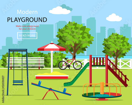 Cute graphic children playground set: swings, children's slide, carousel, sandbox, bench, bicycle, trees and city background. Kindergarten playground. Vector illustration.