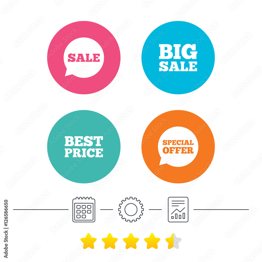 Sale icons. Special offer speech bubbles symbols. Big sale and best price shopping signs. Calendar, cogwheel and report linear icons. Star vote ranking. Vector Sale icons. Special offer speech bubbles symbols. Big sale and best price shopping signs. Calendar, cogwheel and report linear icons. Star vote ranking. Vector