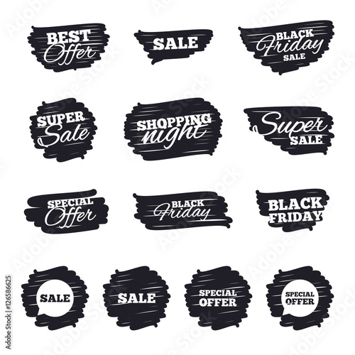 Ink brush sale stripes and banners. Sale icons. Special offer speech bubbles symbols. Shopping signs. Black friday. Ink stroke. Vector