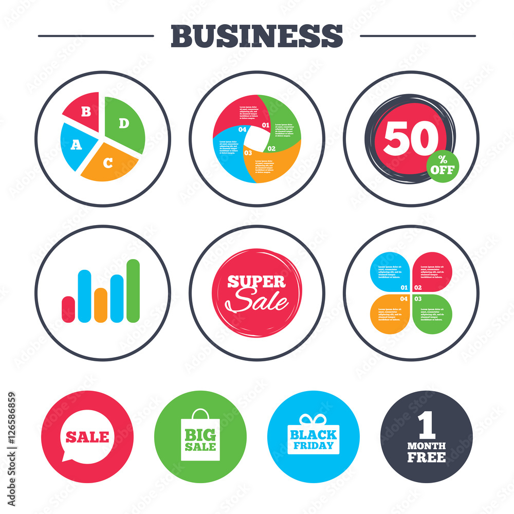 Business pie chart. Growth graph. Sale speech bubble icon. Black friday gift box symbol. Big sale shopping bag. First month free sign. Super sale and discount buttons. Vector Business pie chart. Growth graph. Sale speech bubble icon. Black friday gift box symbol. Big sale shopping bag. First month free sign. Super sale and discount buttons. Vector