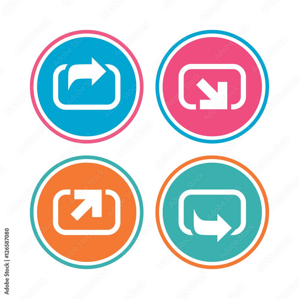 Action icons. Share symbols. Send forward arrow signs. Colored circle buttons. Vector Action icons. Share symbols. Send forward arrow signs. Colored circle buttons. Vector