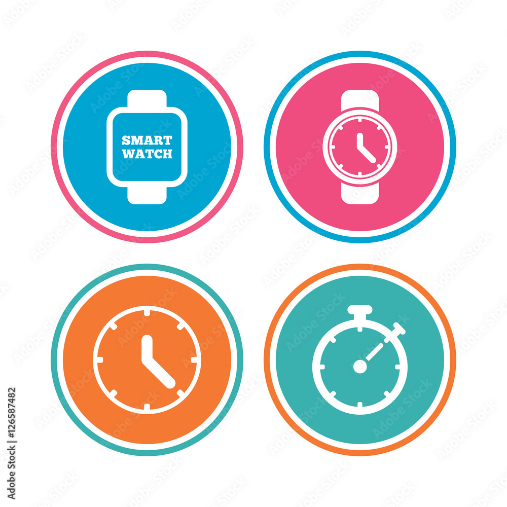 Smart watch icons. Mechanical clock time, Stopwatch timer symbols. Wrist digital watch sign. Colored circle buttons. Vector Smart watch icons. Mechanical clock time, Stopwatch timer symbols. Wrist digital watch sign. Colored circle buttons. Vector