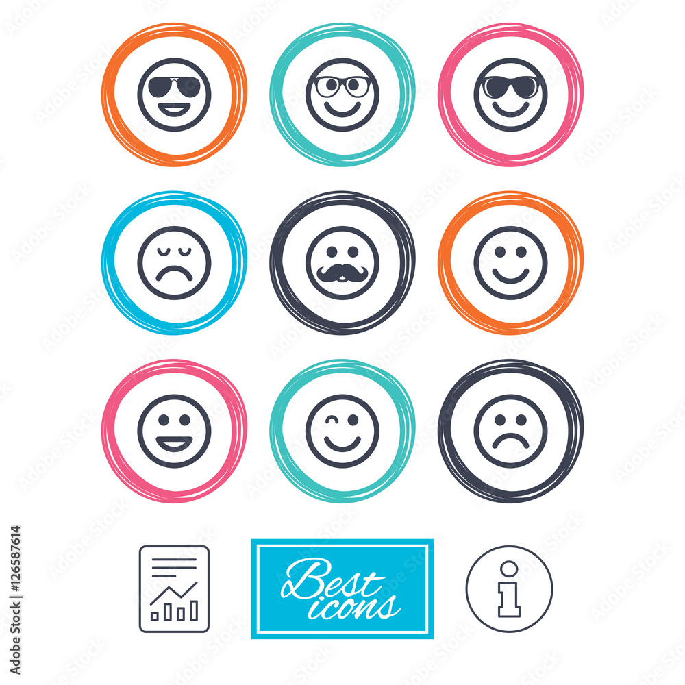 Smile icons. Happy, sad and wink faces signs. Sunglasses, mustache and laughing lol smiley symbols. Report document, information icons. Vector Smile icons. Happy, sad and wink faces signs. Sunglasses, mustache and laughing lol smiley symbols. Report document, information icons. Vector