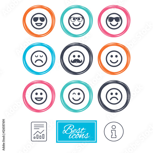 Smile icons. Happy, sad and wink faces signs. Sunglasses, mustache and laughing lol smiley symbols. Report document, information icons. Vector