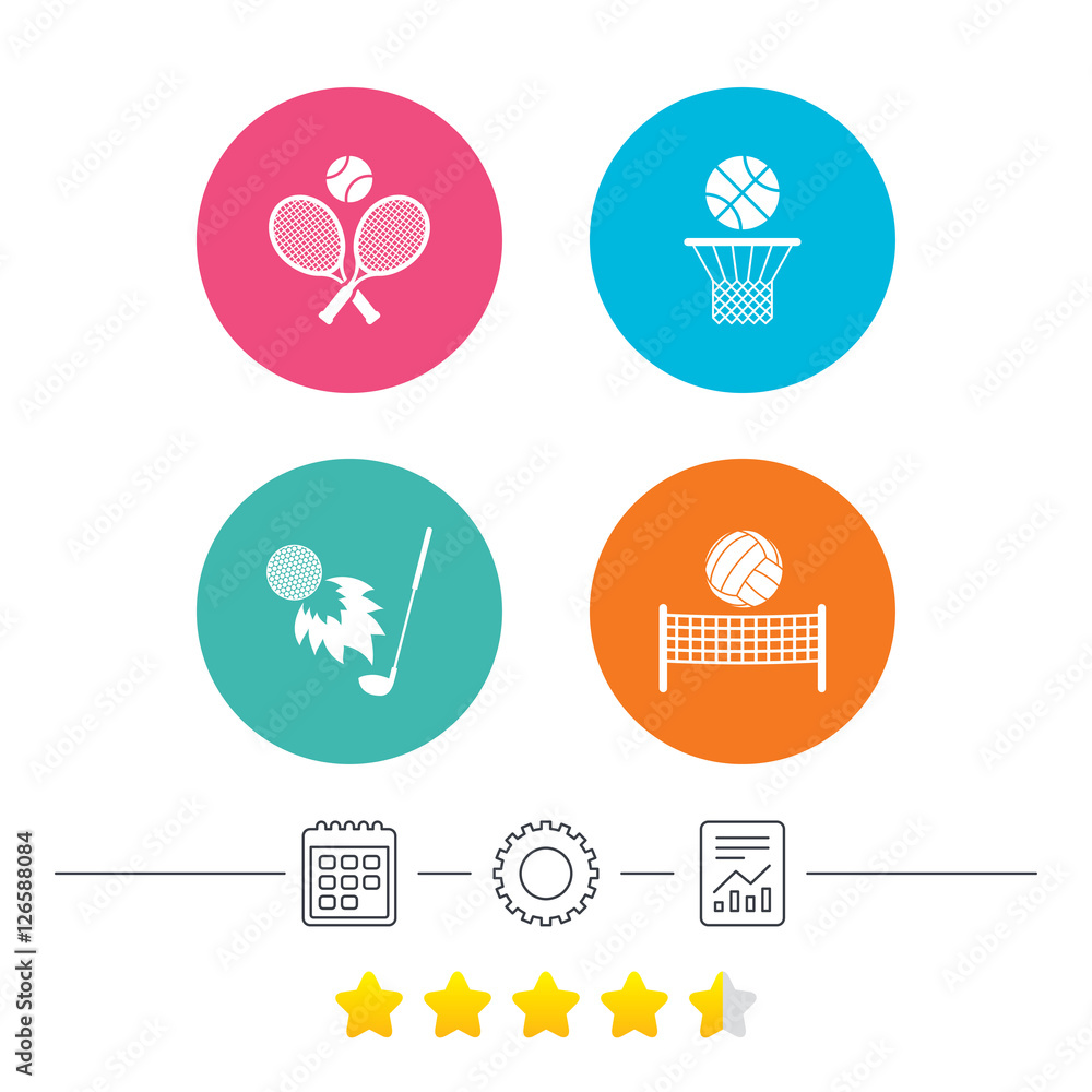 Tennis rackets with ball. Basketball basket. Volleyball net with ball. Golf fireball sign. Sport icons. Calendar, cogwheel and report linear icons. Star vote ranking. Vector Tennis rackets with ball. Basketball basket. Volleyball net with ball. Golf fireball sign. Sport icons. Calendar, cogwheel and report linear icons. Star vote ranking. Vector