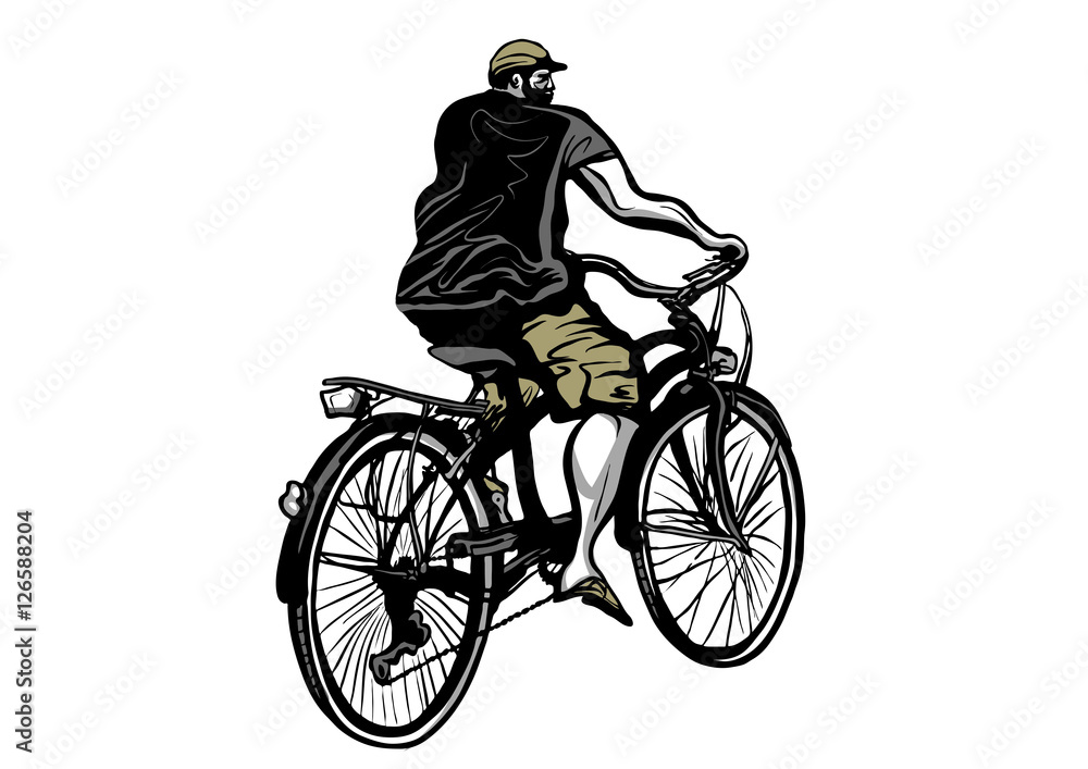 Naklejka premium Young man riding a bicycle ride in summer clothes seen from side