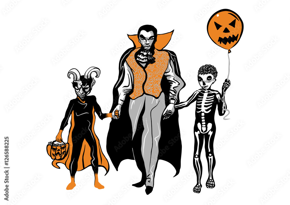 Father with two children going trick or treat on Halloween Father with two children going trick or treat on Halloween