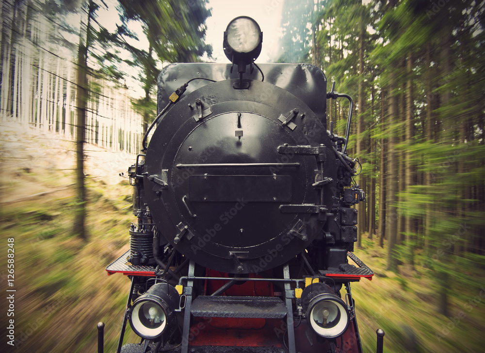 Fototapeta premium front view of a historic German black steam powered railway train in motion blur, National Park Harz, Germany, Vintage fitlered style