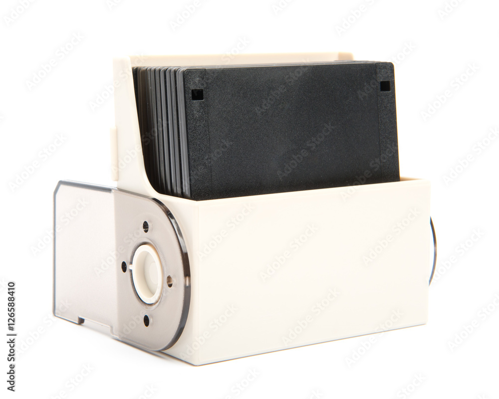 Obraz premium Floppy disk organizer case filled with diskettes, isolated