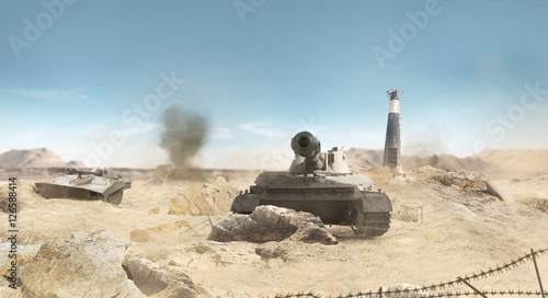 Desert war tanks battle scene with explosions, barbed wire & ruins background.