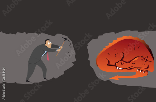Businessman with a pickaxe digging a tunnel, unaware of a sleeping dragon, EPS 8 vector illustration