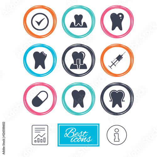 Tooth, dental care icons. Stomatology, syringe and implant signs. Healthy teeth, caries and pills symbols. Report document, information icons. Vector