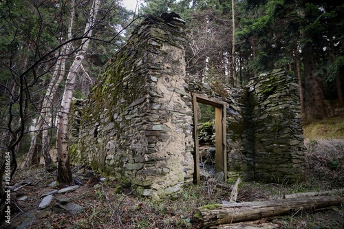 Old abandoned ruined stone house in the forest