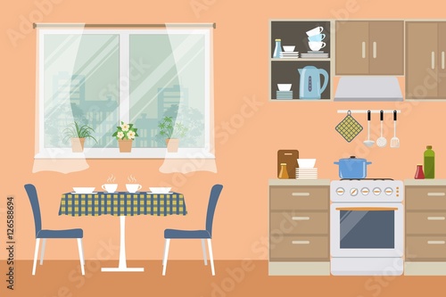 Kitchen in orange color. There is a furniture of a beige color, a stove, a table, two chairs and other objects in the picture. Vector flat illustration © irynaalex