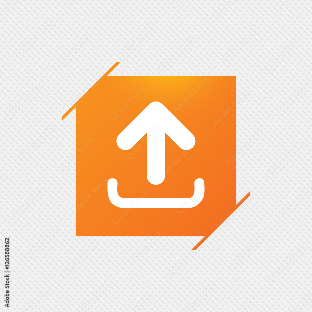 Upload sign icon. Load data symbol. Orange square label on pattern. Vector Upload sign icon. Load data symbol. Orange square label on pattern. Vector
