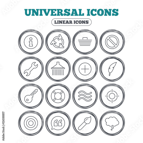 Universal icons. Information, shopping basket and shower. Repair tool, home key and brush. Comic speech bubble, target aim and quotes. Circle flat buttons with linear icons. Vector © blankstock