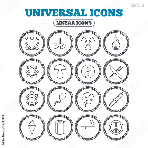 Universal icons. Quotes, ribbon heart and cake. Clover, mushroom and ice cream. Smoking, knife and fork. Circle flat buttons with linear icons. Vector