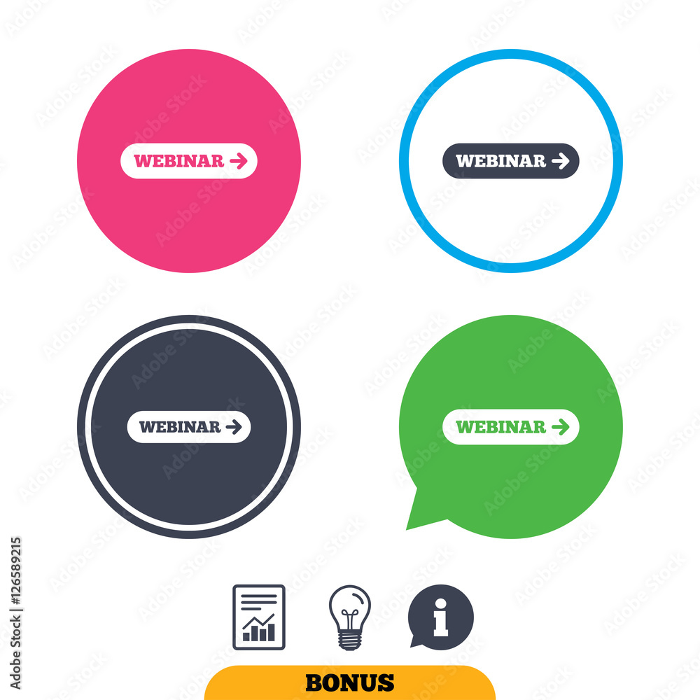 Webinar with arrow sign icon. Web study symbol. Website e-learning navigation. Report document, information sign and light bulb icons. Vector Webinar with arrow sign icon. Web study symbol. Website e-learning navigation. Report document, information sign and light bulb icons. Vector