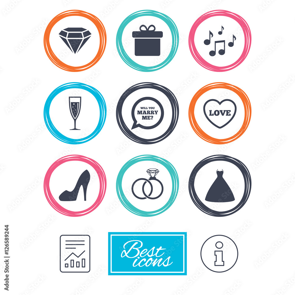 Wedding, engagement icons. Rings, gift box and brilliant signs. Dress, shoes and musical notes symbols. Report document, information icons. Vector
