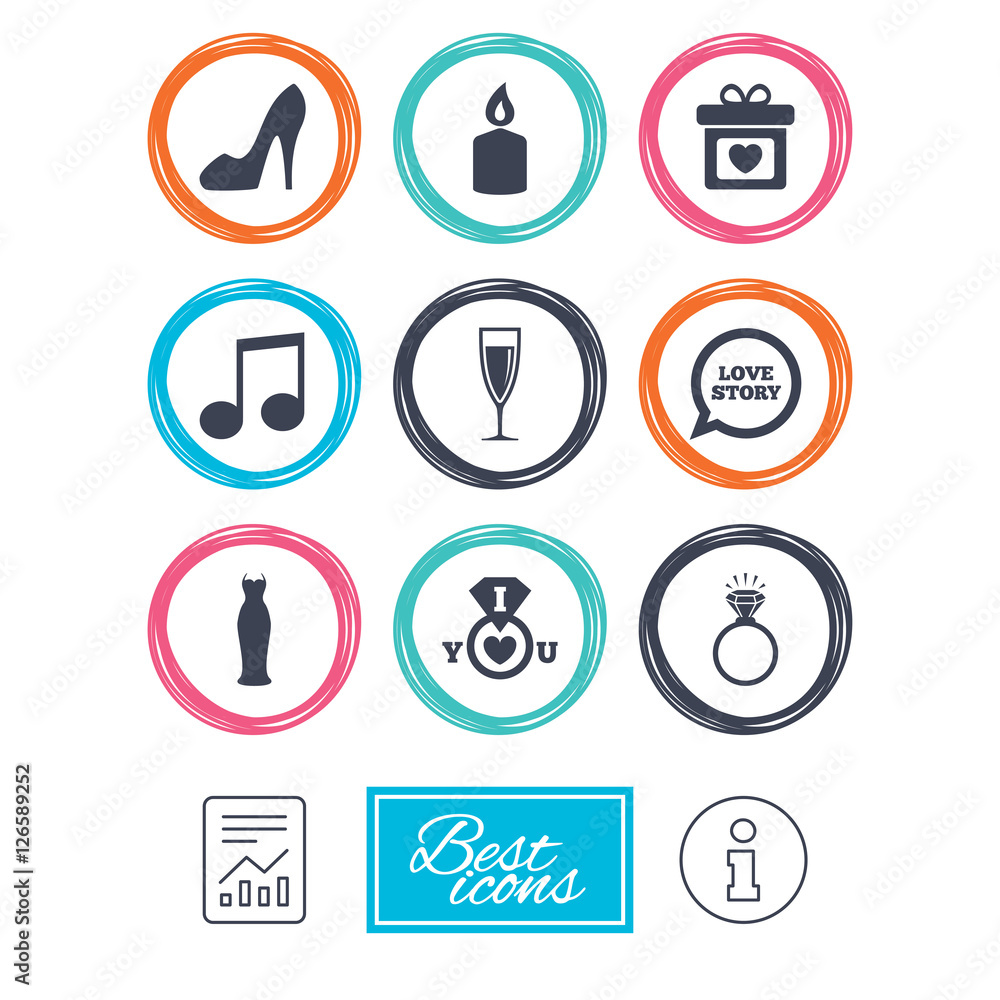 Wedding, engagement icons. Ring with diamond, gift box and music signs. Dress, shoes and champagne glass symbols. Report document, information icons. Vector