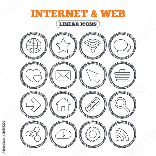 Internet and Web icons. Wi-fi network, favorite star and internet globe. Hearts, shopping cart and speech bubbles. Share, rss and link symbols. Circle flat buttons with linear icons. Vector