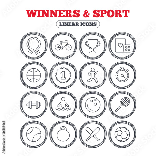 Winners and sport icons. Winner cup, medal award and first place emblem. Bike, playing card with dice and runner. Fitness dumbbell, basketball, football and bowling balls. Vector