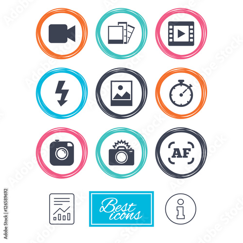 Photo, video icons. Camera, photos and frame signs. Flash, timer and landscape symbols. Report document, information icons. Vector