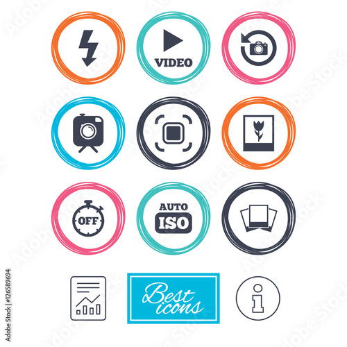 Photo, video icons. Camera, photos and frame signs. Flash, timer and macro symbols. Report document, information icons. Vector