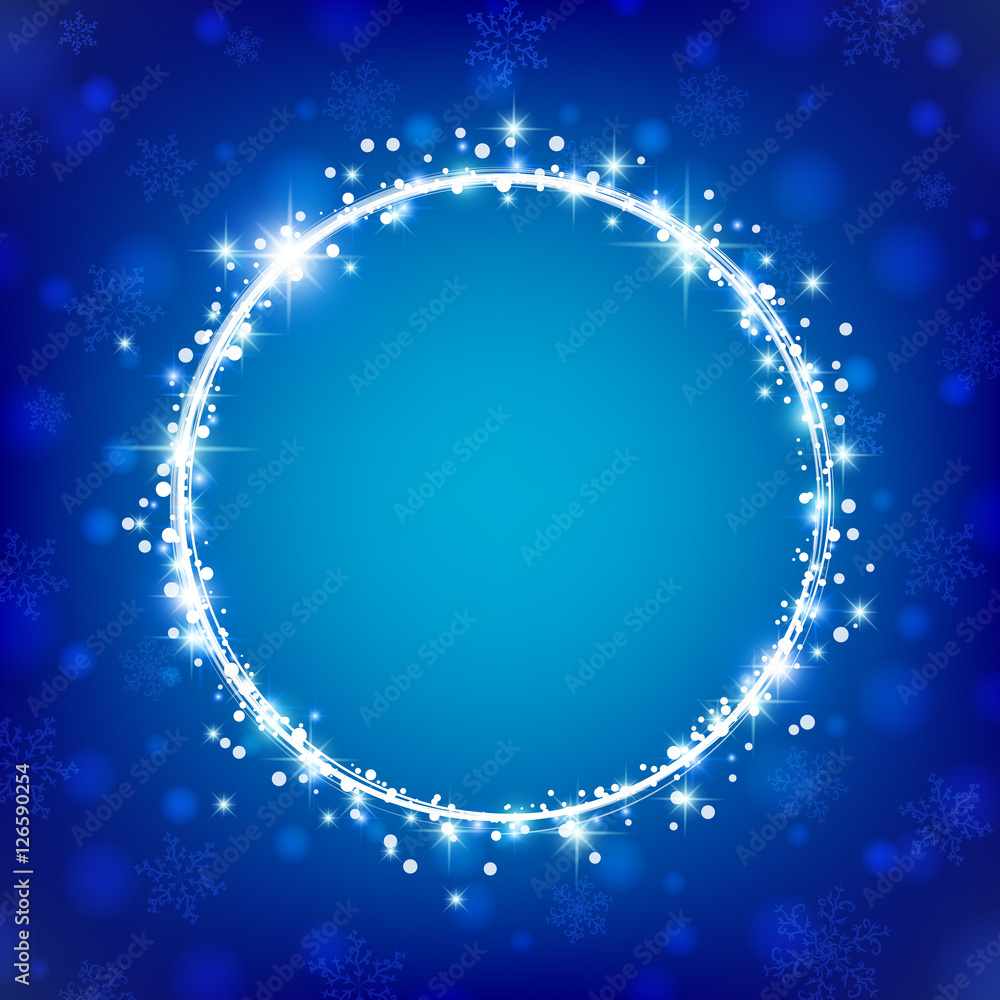 Beautiful winter night background with stars, snowflakes and round space for text. Vector illustration.