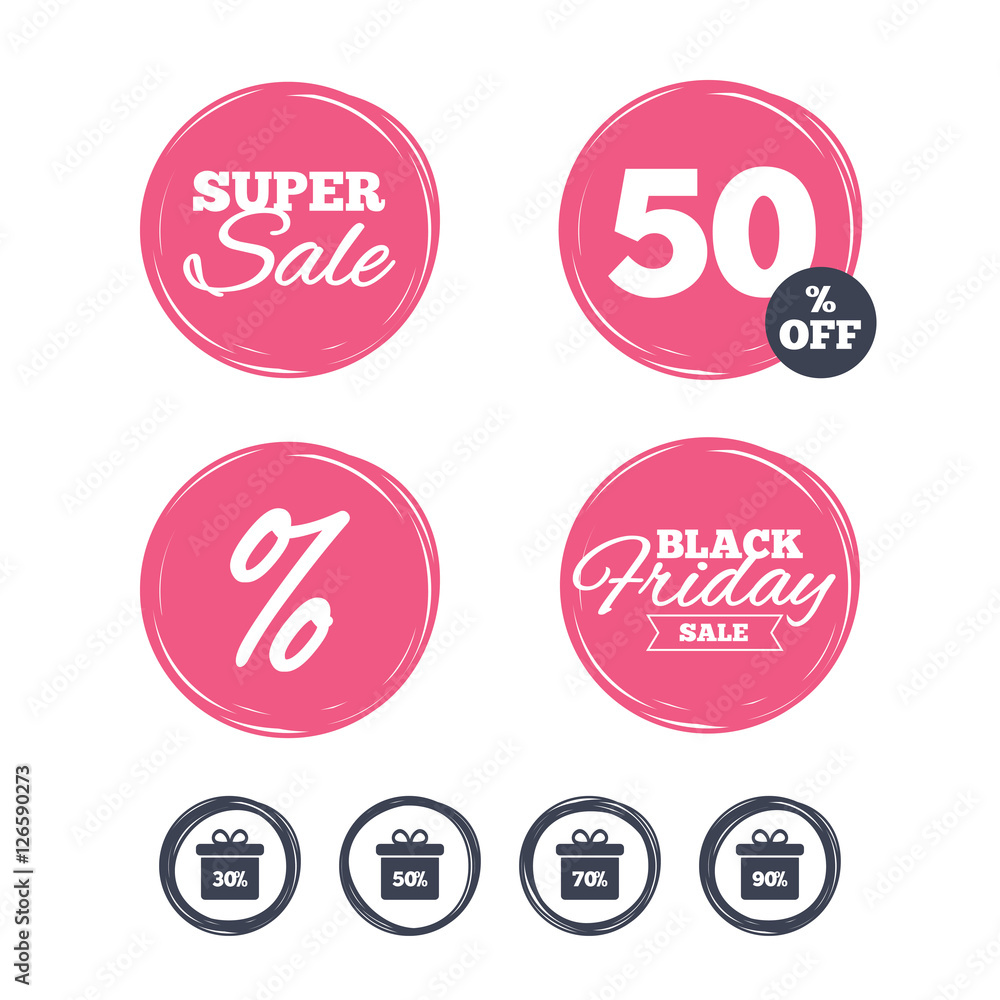 Super sale and black friday stickers. Sale gift box tag icons. Discount special offer symbols. 30%, 50%, 70% and 90% percent discount signs. Shopping labels. Vector