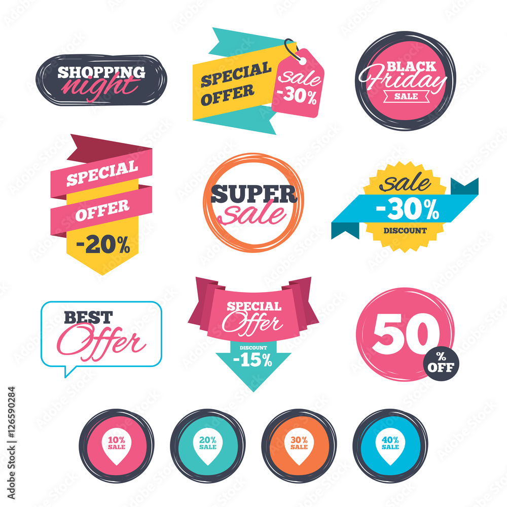 Obraz premium Sale stickers, online shopping. Sale pointer tag icons. Discount special offer symbols. 10%, 20%, 30% and 40% percent sale signs. Website badges. Black friday. Vector