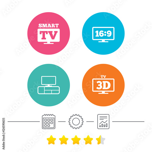 Smart TV mode icon. Aspect ratio 16:9 widescreen symbol. 3D Television and TV table signs. Calendar, cogwheel and report linear icons. Star vote ranking. Vector