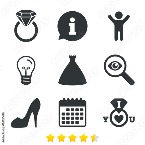Wedding dress icon. Women's shoe symbol. Wedding or engagement day ring with diamond sign. Information, light bulb and calendar icons. Investigate magnifier. Vector