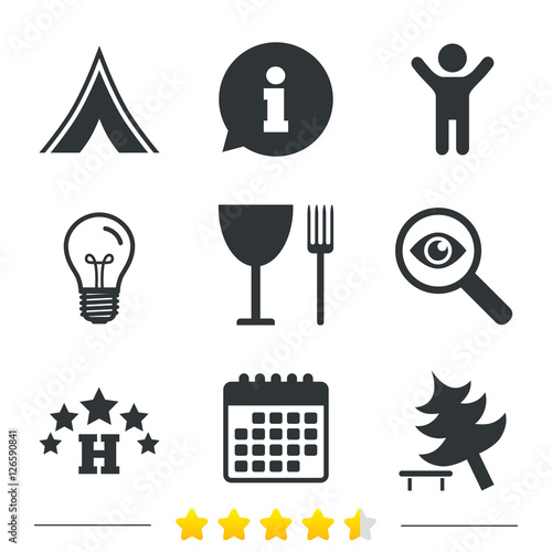 Food, hotel, camping tent and tree icons. Wineglass and fork. Break down tree. Road signs. Information, light bulb and calendar icons. Investigate magnifier. Vector