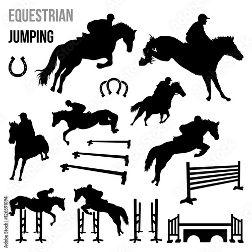 Equestrian Jumping Race Horse Agility with Poles Silhouette Set